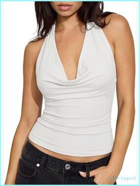 Deep V Built-in Bra Cowl Halter Tank Top Open Back Y2K